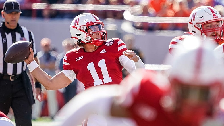 Oct 29, 2022; Lincoln, Nebraska, USA; Nebraska Cornhuskers quarterback Casey Thompson (11) passes against the Illinois Fighting Illini during the first quarter at Memorial Stadium. Mandatory Credit: Dylan Widger-USA TODAY Sports