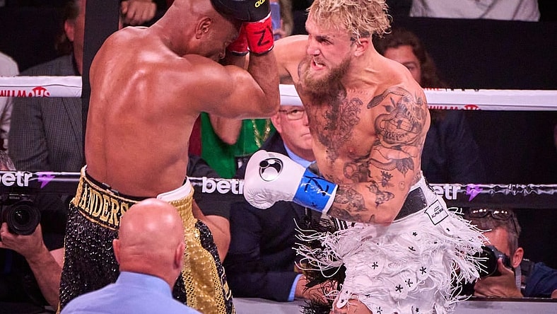Jake Paul throws a punch at Anderson Silva during their match at Desert Diamond Arena in Glendale, on Saturday, Oct. 29, 2022.

Jake Paul V Anderson Silva