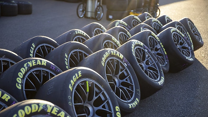 Nov 4, 2022; Avondale, Arizona, USA; Detailed view of single lug nut wheels and tires for NASCAR Cup Series cars during practice for the NASCAR championship race at Phoenix Raceway. Mandatory Credit: Mark J. Rebilas-USA TODAY Sports