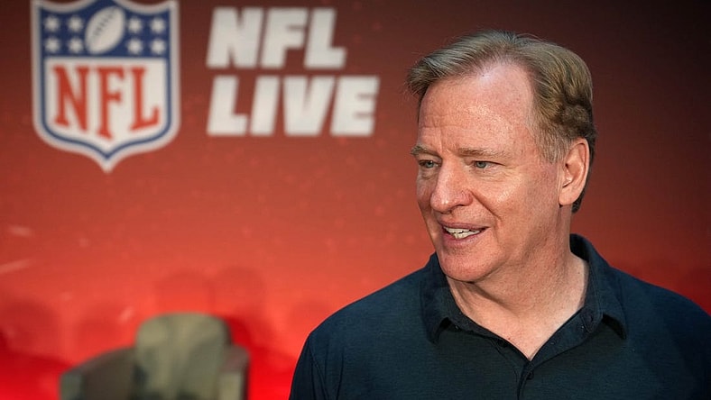 Nov 12, 2022; Munich, Germany; NFL commissioner Roger Goodell reacts during the NFL Live Fan Forum at the Hotel Bayerischer Hof. Mandatory Credit: Kirby Lee-USA TODAY Sports