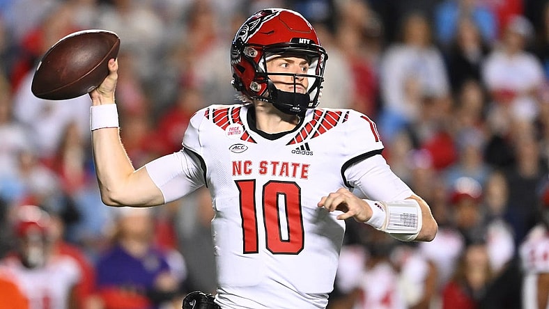 Nov 25, 2022; Chapel Hill, North Carolina, USA; North Carolina State Wolfpack quarterback Ben Finley (10) looks to pass in the fourth quarter at Kenan Memorial Stadium. Mandatory Credit: Bob Donnan-USA TODAY Sports