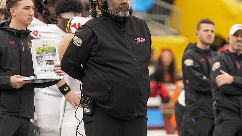 Dec 30, 2022; Charlotte, NC, USA; Maryland Terrapins head coach Mike Locksley on the sidelines during the second half against the North Carolina State Wolfpack in the 2022 Duke's Mayo Bowl at Bank of America Stadium. Mandatory Credit: Jim Dedmon-USA TODAY Sports