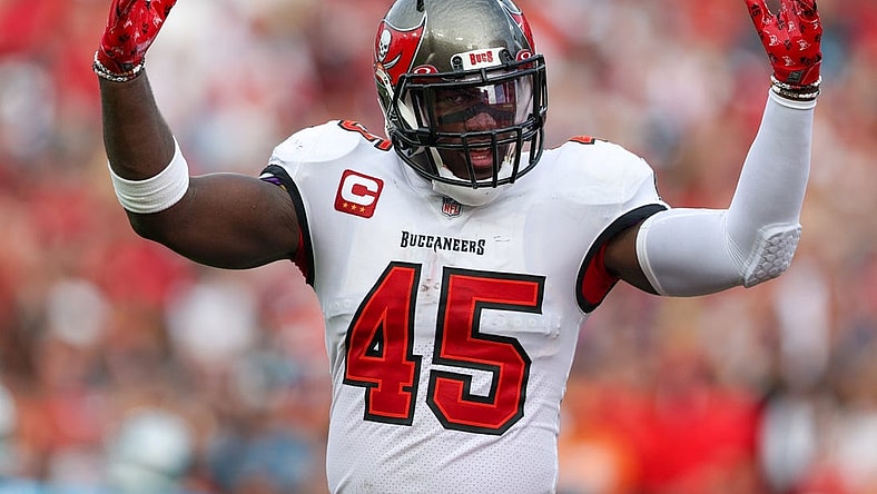 Jan 1, 2023; Tampa, Florida, USA;  Tampa Bay Buccaneers linebacker Devin White (45) reacts after a play against the Carolina Panthers in the fourth quarter at Raymond James Stadium. Mandatory Credit: Nathan Ray Seebeck-USA TODAY Sports