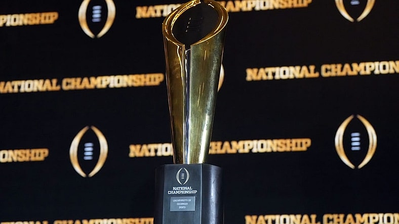 Jan 10, 2023; Los Angeles, CA, USA; The College Football Playoff National Championship trophy at CFP Champions press conference at Los Angeles Airport Marriott. Mandatory Credit: Kirby Lee-USA TODAY Sports