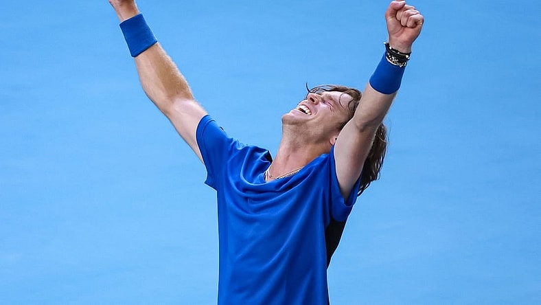 Jan 23, 2023; Melbourne, Victoria, Australia; Andrey Rublev from Russia celebrates during his round four match against Holger Rune from Denmark on day eight of the 2023 Australian Open tennis tournament at Melbourne Park. Mandatory Credit: Mike Frey-USA TODAY Sports