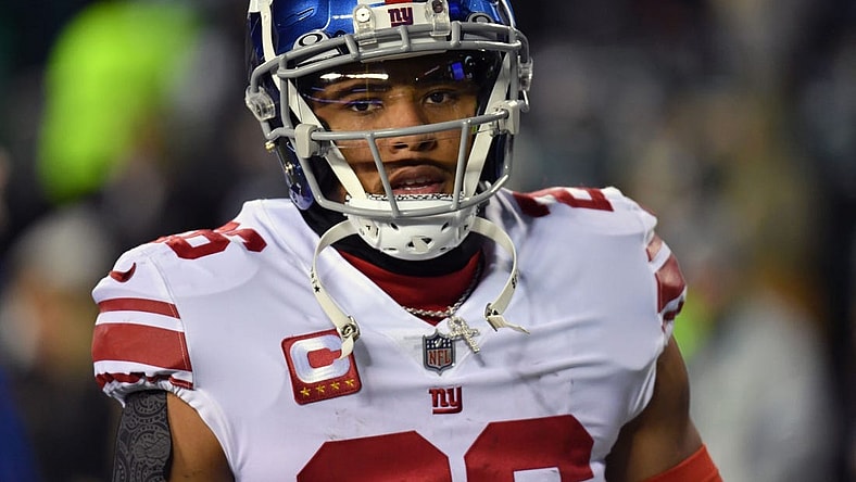 Jan 21, 2023; Philadelphia, Pennsylvania, USA; New York Giants running back Saquon Barkley (26) against the Philadelphia Eagles during an NFC divisional round game at Lincoln Financial Field. Mandatory Credit: Eric Hartline-USA TODAY Sports