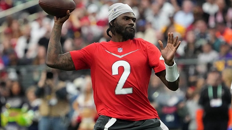 Feb 5, 2023; Paradise, Nevada, USA; AFC quarterback Tyler Huntley of the Baltimore Ravens (2) throws the ball against the NFC during the Pro Bowl Games at Allegiant Stadium. Mandatory Credit: Kirby Lee-USA TODAY Sports