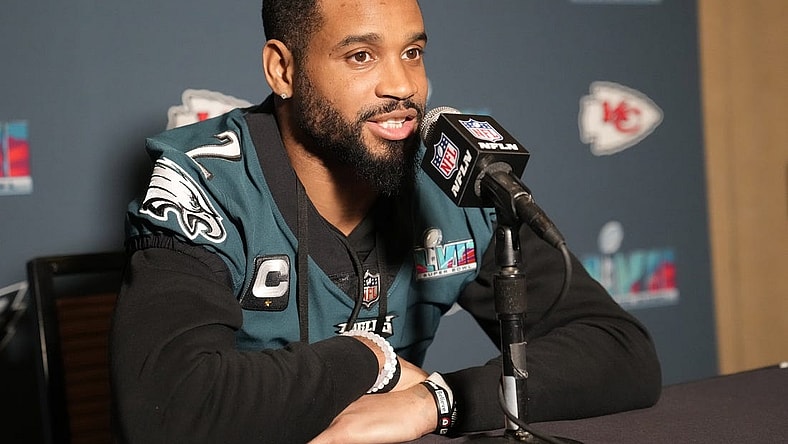 Feb 9, 2023; Phoenix, Ariz., U.S.; Philadelphia Eagles cornerback Darius Slay answers a question during media availability at Sheraton Grand at Wild Horse Pass. Mandatory Credit: Michael Chow-Arizona Republic