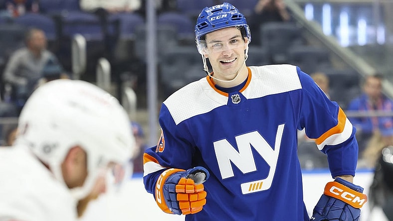 Feb 14, 2023; Elmont, New York, USA; New York Islanders center Mathew Barzal (13) reacts during the second period of a game against the Ottawa Senators at UBS Arena. Mandatory Credit: Jessica Alcheh-USA TODAY Sports