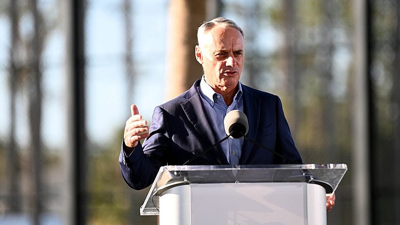 Feb 16, 2023; Dunedin, FL, USA; Major League Baseball commissioner Rob Manfred speaks to the media at the Grapefruit League Media Day. Mandatory Credit: Jonathan Dyer-USA TODAY Sports
