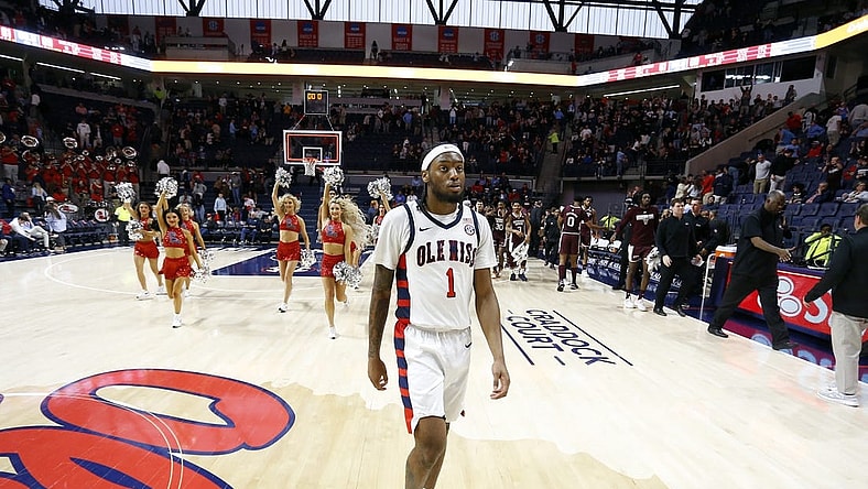 Feb 18, 2023; Oxford, Mississippi, USA; Mississippi Rebels guard Amaree Abram (1) walks off the court after being defeated by the Mississippi State Bulldogs at The Sandy and John Black Pavilion at Ole Miss. Mandatory Credit: Petre Thomas-USA TODAY Sports
