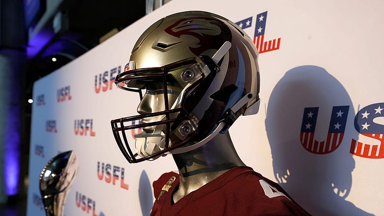 The USFL Michigan Panthers and the championship trophy on display during a press conference and announcement that the team returns to the state and starts playing on April 30th at Ford Field in Detroit on Thursday, Jan. 26, 2023.

Syndication Detroit Free Press