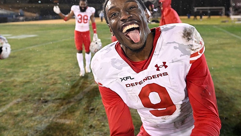 Feb 25, 2023; Las Vegas, NV, USA; D.C. Defenders defensive back KJ.Sails (9) celebrates defeating the Vegas Vipers at Cashman Field. Mandatory Credit: Candice Ward-USA TODAY Sports