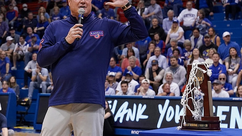 Feb 28, 2023; Lawrence, Kansas, USA; Kansas Jayhawks head coach Bill Self speaks during the Senior Day after the win over the Texas Tech Red Raiders at Allen Fieldhouse. Mandatory Credit: Denny Medley-USA TODAY Sports