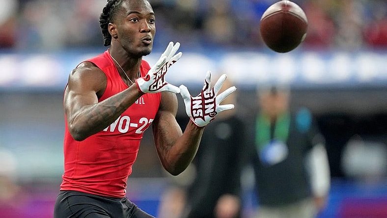 Mar 4, 2023; Indianapolis, IN, USA; Louisiana???Lafayette wide receiver Michael Jefferson (WO27) participates in drills at Lucas Oil Stadium. Mandatory Credit: Kirby Lee-USA TODAY Sports