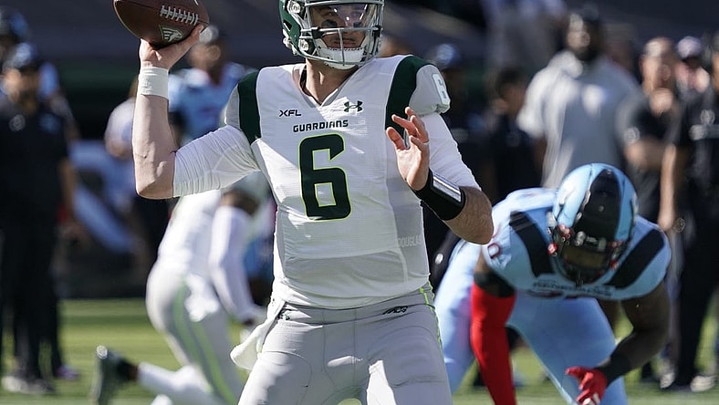Mar 5, 2023; Arlington, TX, USA; Orlando Guardians quarterback Paxton Lynch (6) throws a pass during the first half against the Arlington Renegades at Choctaw Stadium. Mandatory Credit: Raymond Carlin III-USA TODAY Sports