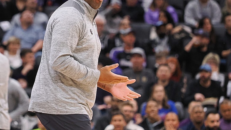 Mar 6, 2023; Sacramento, California, USA; Sacramento Kings head coach Mike Brown on the sideline during the third quarter against the New Orleans Pelicans at Golden 1 Center. Mandatory Credit: Kelley L Cox-USA TODAY Sports
