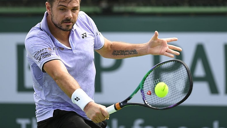Mar 11, 2023; Indian Wells, CA, USA; Stan Wawrinka (SUI) hits a backhand during his 2nd round match against Miormir Kecmanovic (SRB) (not pictured) during the BNP Paribas Open at Indian Wells Tennis Garden. Mandatory Credit: Jonathan Hui-USA TODAY Sports