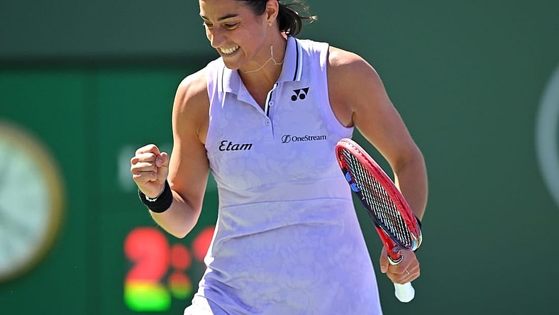 Mar 13, 2023; Indian Wells, CA, USA;  Caroline Garcia (FRA) celebrates after defeating Leylah Fernandez (CAN) in her fourth round match during the BNP Paribas Open at the Indian Wells Tennis Garden. Mandatory Credit: Jayne Kamin-Oncea-USA TODAY Sports