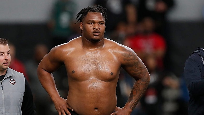 Georgia defensive lineman Jalen Carter (88) takes a break during UGA Pro Day in Athens, Ga., on Wednesday, March 15, 2023.

News Joshua L Jones