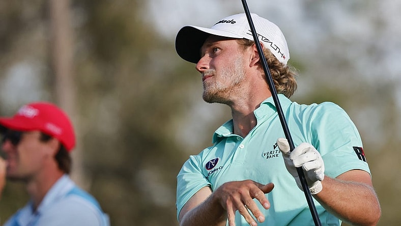 Mar 17, 2023; Palm Harbor, Florida, USA; Austin Smotherman plays his shot from the sixth tee during the second round of the Valspar Championship golf tournament. Mandatory Credit: Reinhold Matay-USA TODAY Sports