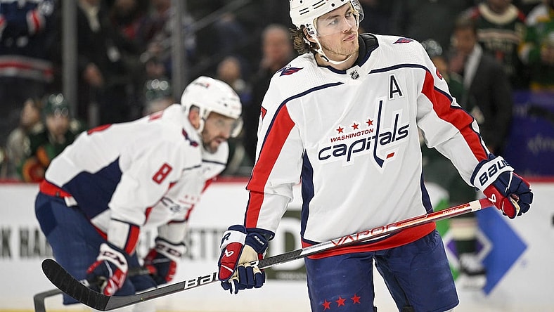 Mar 19, 2023; Saint Paul, Minnesota, USA; Washington Capitals forward T.J. Oshie (77) heads to the face-off circle against the Minnesota Wild during the third period at Xcel Energy Center. Mandatory Credit: Nick Wosika-USA TODAY Sports