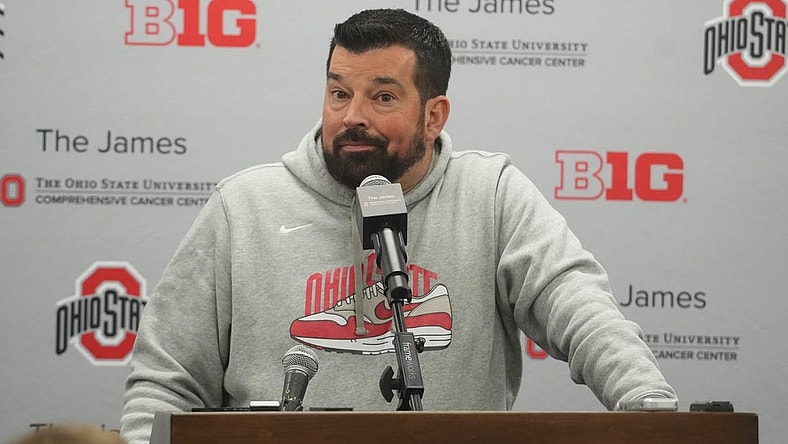 Mar 21, 2023; Columbus, OH, USA; Ohio State University football coach Ryan Day answers a question about quarterbacks during the 2023 Spring Practices. Mandatory Credit: Doral Chenoweth-The Columbus Dispatch
Ryan Day 01 Jpg