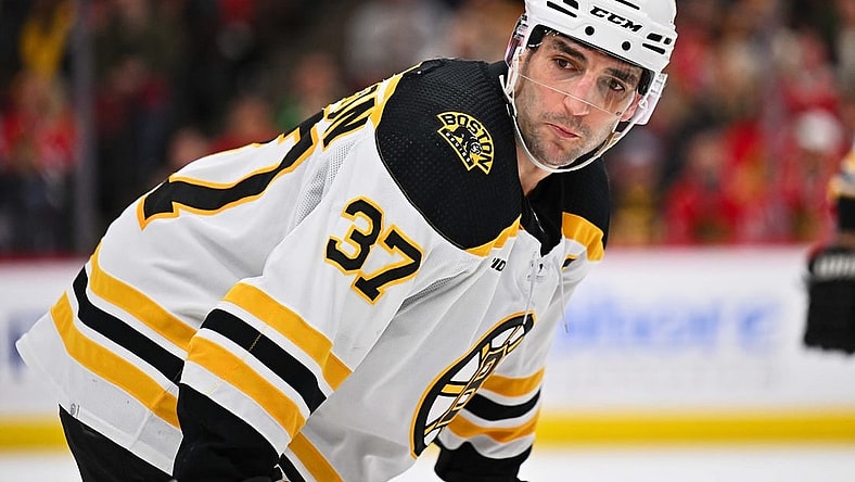 Mar 14, 2023; Chicago, Illinois, USA;  Boston Bruins forward Patrice Bergeron (37) skates against the Chicago Blackhawks at United Center. Mandatory Credit: Jamie Sabau-USA TODAY Sports