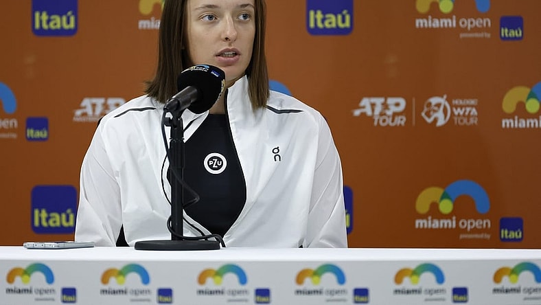 Mar 22, 2023; Miami, Florida, US; Iga Swiatek (POL) announces her withdrawal from the tournament at a press conference on day three of the Miami Open at Hard Rock Stadium. Mandatory Credit: Geoff Burke-USA TODAY Sports