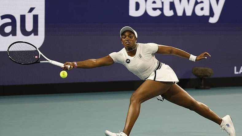 Mar 22, 2023; Miami, Florida, US; Sloane Stephens (USA) reaches for a forehand against Shelby Rogers (USA) (not pictured) on day three of the Miami Open at Hard Rock Stadium. Mandatory Credit: Geoff Burke-USA TODAY Sports