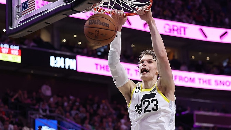 Mar 22, 2023; Salt Lake City, Utah, USA; Utah Jazz forward Lauri Markkanen (23) dunks the ball against the Portland Trail Blazers in the third quarter at Vivint Arena. Mandatory Credit: Rob Gray-USA TODAY Sports