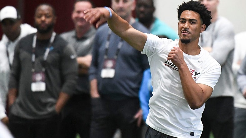 Mar 23, 2023; Tuscaloosa, AL, USA;  Quarterback Bryce Young throws during Pro Day at Hank Crisp Indoor Practice Facility on the campus of the University of Alabama. Mandatory Credit: Gary Cosby Jr.-Tuscaloosa News

Ncaa Football University Of Alabama Pro Day