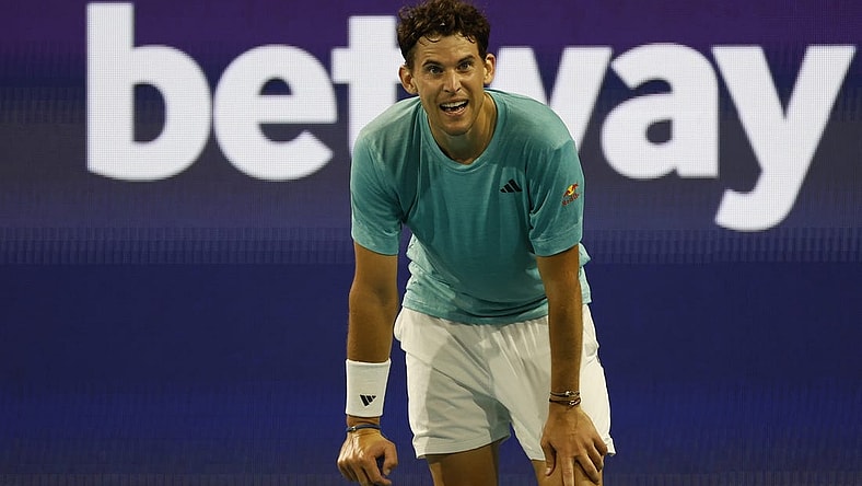 Mar 23, 2023; Miami, Florida, US; Dominic Thiem (AUT) reacts after missing a shot against Lorenzo Sonego (ITA) (not pictured) on day four of the Miami Open at Hard Rock Stadium. Mandatory Credit: Geoff Burke-USA TODAY Sports