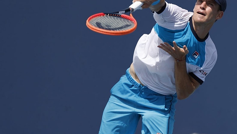 Mar 24, 2023; Miami, Florida, US; Diego Schwartzman (ARG) serves against Yibing Wu (CHN) (not pictured) on day five of the Miami Open at Hard Rock Stadium. Mandatory Credit: Geoff Burke-USA TODAY Sports