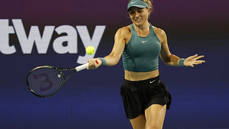 Mar 25, 2023; Miami, Florida, US; Paula Badosa (ESP) hits a forehand against Elena Rybakina (KAZ) (not pictured) on day six of the Miami Open at Hard Rock Stadium. Mandatory Credit: Geoff Burke-USA TODAY Sports