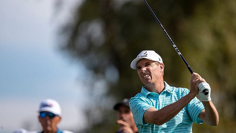 Steven Alker tees off on 18 during the final round of the Galleri Classic in Rancho Mirage, Calif., Sunday, March 26, 2023.