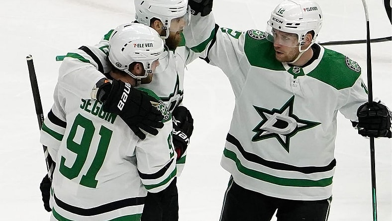 Mar 28, 2023; Chicago, Illinois, USA; Dallas Stars center Tyler Seguin (91) celebrates his goal against the Chicago Blackhawks with teammates during the first period at United Center. Mandatory Credit: David Banks-USA TODAY Sports
