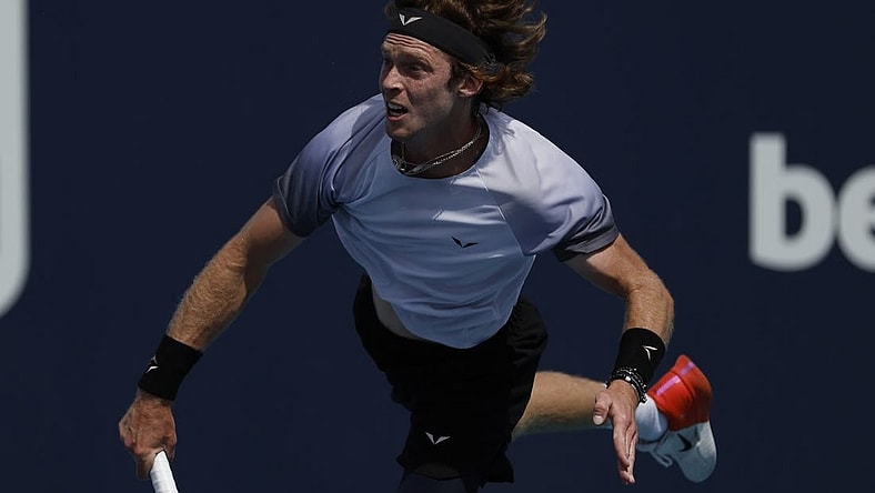 Mar 28, 2023; Miami, Florida, US; Andrey Rublev serves against Jannik Sinner (ITA) (not pictured) on day nine of the Miami Open at Hard Rock Stadium. Mandatory Credit: Geoff Burke-USA TODAY Sports