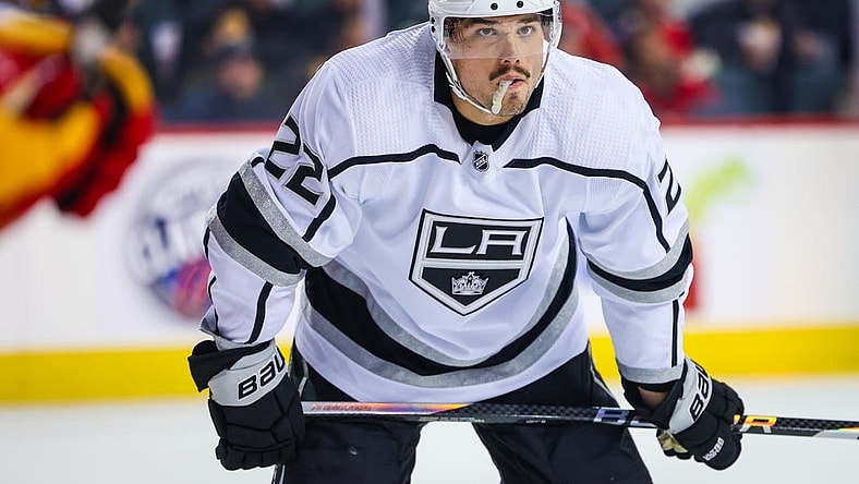 Mar 28, 2023; Calgary, Alberta, CAN; Los Angeles Kings left wing Kevin Fiala (22) against the Calgary Flames during the first period at Scotiabank Saddledome. Mandatory Credit: Sergei Belski-USA TODAY Sports