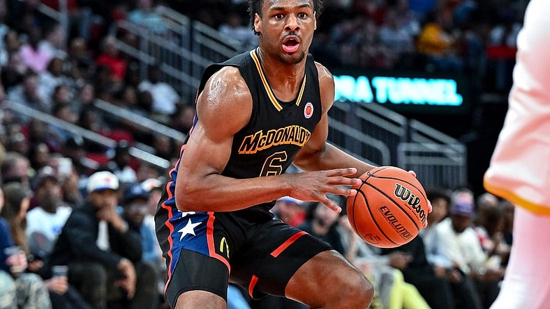 Mar 28, 2023; Houston, TX, USA; McDonald's All American West guard Bronny James (6) controls the ball during the first half against the McDonald's All American East at Toyota Center. Mandatory Credit: Maria Lysaker-USA TODAY Sports