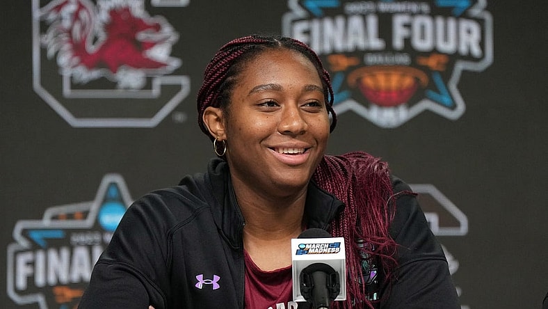 Mar 30, 2023; Dallas, TX, USA; South Carolina Gamecocks forward Aliyah Boston at press conference at the American Airlines Center. Mandatory Credit: Kirby Lee-USA TODAY Sports