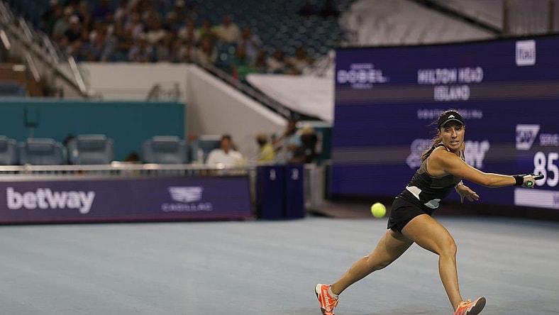 Mar 30, 2023; Miami, Florida, US; Jessica Pegula (USA) hits a backhand against Elena Rybakina (KAZ) (not pictured) in a women's singles semifinal on day eleven of the Miami Open at Hard Rock Stadium. Mandatory Credit: Geoff Burke-USA TODAY Sports