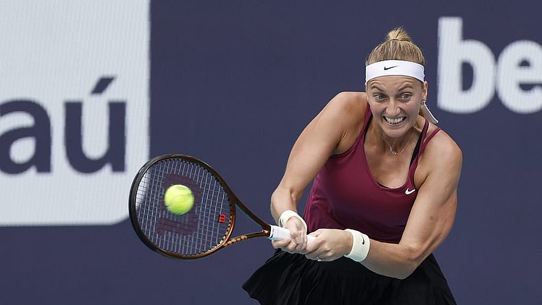 Apr 1, 2023; Miami, Florida, US; Petra Kvitova (CZE) hits a backhand against Elena Rybakina (KAZ) (not pictured) in the women's singles final on day thirteen of the Miami Open at Hard Rock Stadium. Mandatory Credit: Geoff Burke-USA TODAY Sports
