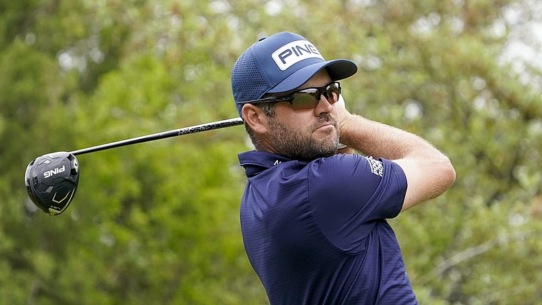 Apr 2, 2023; San Antonio, Texas, USA; Corey Conners plays his shot from the first tee during the final round of the Valero Texas Open golf tournament. Mandatory Credit: Raymond Carlin III-USA TODAY Sports