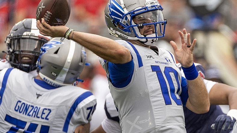 Apr 2, 2023; Houston, TX, USA;  Louis Battlehawks quarterback A.J. McCarron (10) passes against the Houston Roughnecks St. in the first quarter at TDECU Stadium. Mandatory Credit: Thomas Shea-USA TODAY Sports