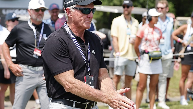 Apr 2, 2023; Orlando, Florida, USA; LIV Golf tour Commissioner Greg Norman walks onto the first tee during the final round of a LIV Golf event at Orange County National. Mandatory Credit: Reinhold Matay-USA TODAY Sports