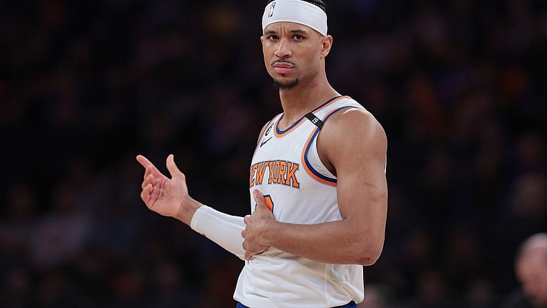 Apr 2, 2023; New York, New York, USA; New York Knicks guard Josh Hart (3) reacts during the second half against the Washington Wizards at Madison Square Garden. Mandatory Credit: Vincent Carchietta-USA TODAY Sports