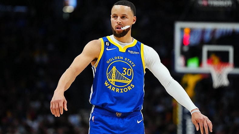 Apr 2, 2023; Denver, Colorado, USA; Golden State Warriors guard Stephen Curry (30) during the second half against the Denver Nuggets at Ball Arena. Mandatory Credit: Ron Chenoy-USA TODAY Sports
