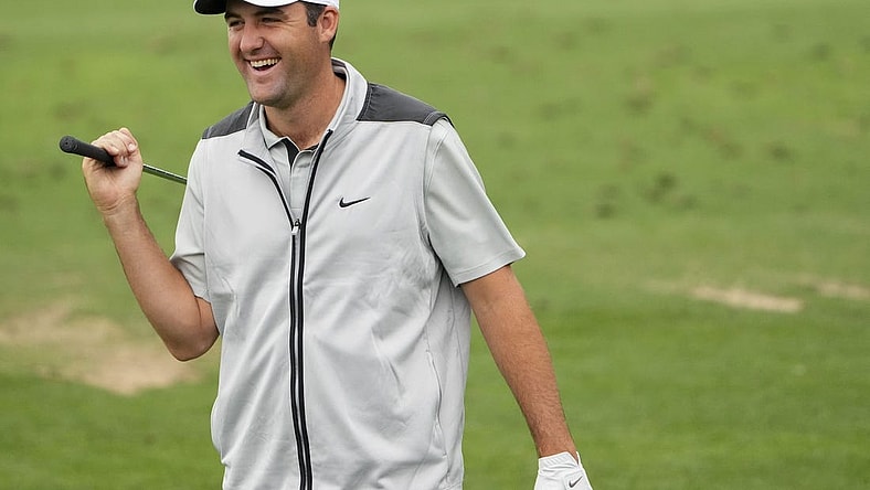 Apr 3, 2023; Augusta, Georgia, USA; Scottie Scheffler laughs at the practice facility during a practice round for The Masters golf tournament at Augusta National Golf Club. Mandatory Credit: Danielle Parhizkaran-USA TODAY Network
Pga The Masters Practice Round