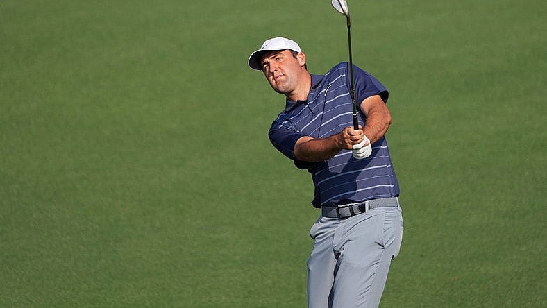 Apr 5, 2023; Augusta, Georgia, USA; Scottie Scheffler plays a shot on the second hole during a practice round for The Masters golf tournament at Augusta National Golf Club. Mandatory Credit: Kyle Terada-USA TODAY Network